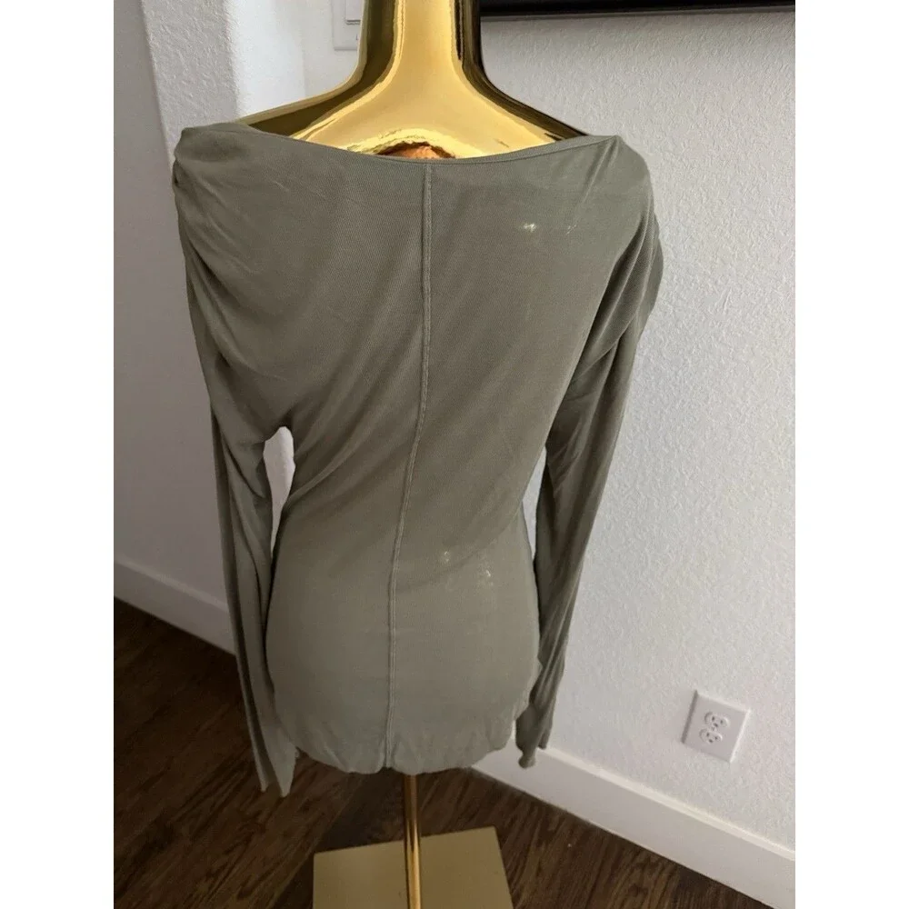 Free People Womens Large Sage Green Ruched Boat Neck Long Sleeve Top